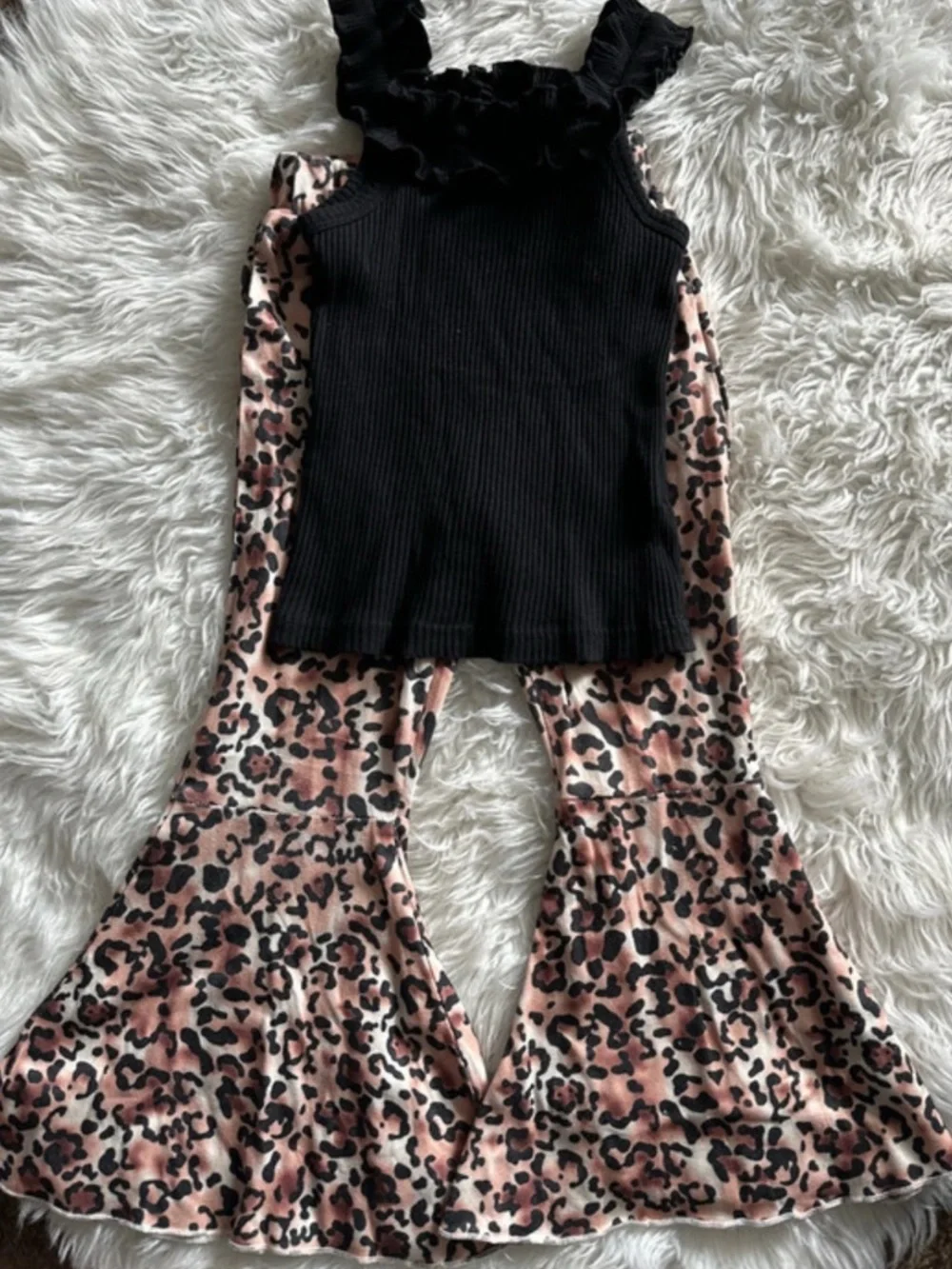 SHEIN Black Ruffle Tank with Pink Leopard Bell-Bottom Set
